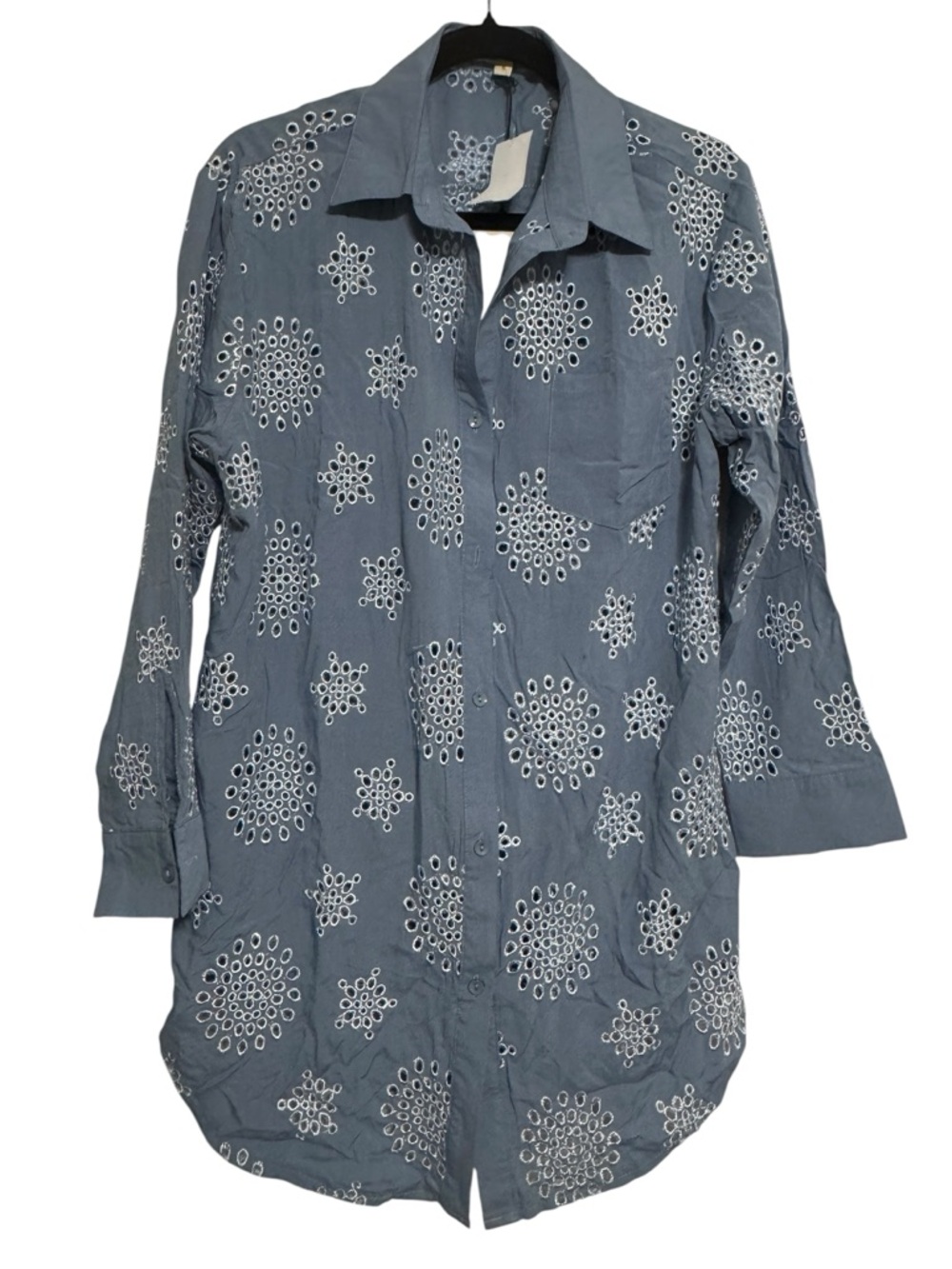 Elan Embroidered Eyelet Tunic Shirt - Slate Blue Size Small